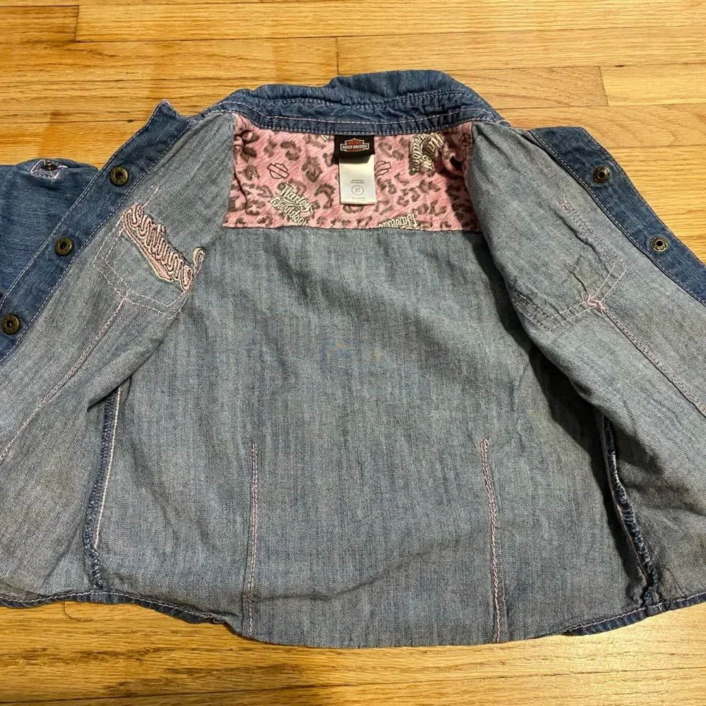 Harley Davidson Girls' Toddler 2T Denim Jacket with Pink Accents Button Down